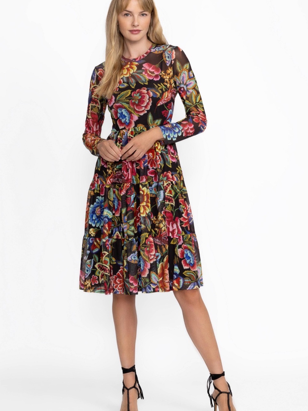 Johnny Was Jade Antiqua Black Floral Long-Sleeve Tiered Mesh Dress with Slip